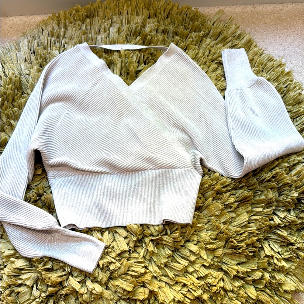 Cream Wrap Ribbed Long Sleeve Top